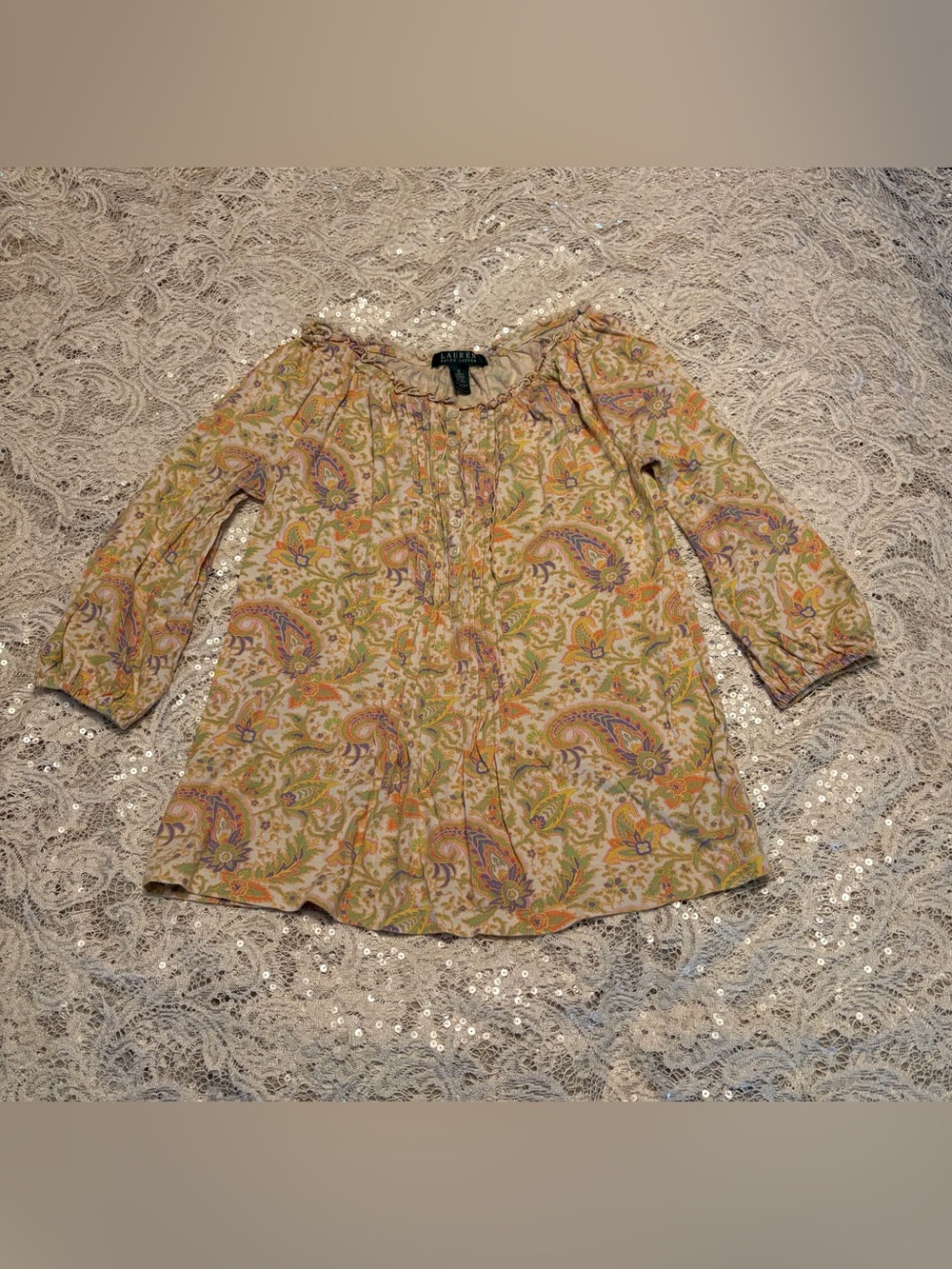 Ralph Lauren/Pre-loved Beige Multicolor Paisley Top 3/4 Sleeves Size S